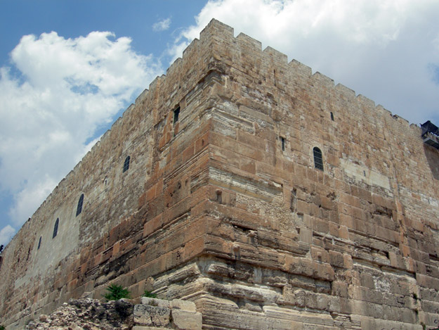 Southwest corner of the retaining wall for the Temple Mount.  The massive lower blocks were carved and emplaced during the reign of King Herod the Great (37 - 4 BCE).