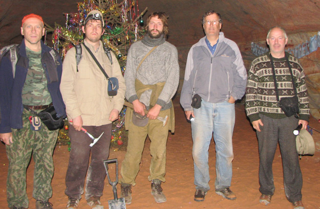Nikolai, Sergei, Andrei, me, and my host Andrey in the Sablino Mines. I really don't know why there was a decorated Christmas tree in this cavern!