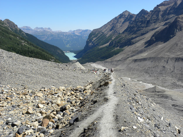 Looking down the valley to Lake Louise from one of the many glacial moraines. This unsorted sediment was pushed here by glacial ice when it filled this valley.