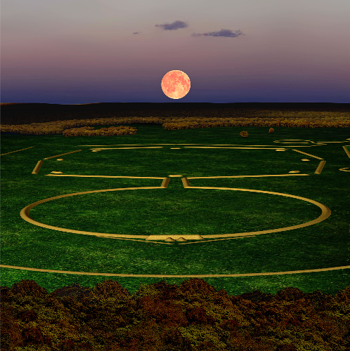 Digital image showing the Newark Moonrise. The northernmost moonrise occurs every 18.6 years and lies directly along a line extending from the observatory mound, across the Circle, through the link, and across the Octagon. Lines drawn in other directions across the earthworks align with other moon phases. Digital image by CERHAS University of Cincinnati, courtesy of Cleveland Museum of Natural History.