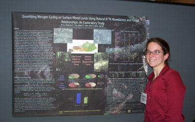 Stephanie Jarvis presented her summer research in an interdiscipilnary session entitled What Does Biology Have to Do With It? Biota in Weathering, Nutrient Cycling, Mineral Surface Interactions, and Mineral Precipitation. Her poster title and research subject is "Quantifying Nitrogen Cycling on Surface Mined Lands Using D15N Abundances and Fungal Relationships:An Exploratory Study".