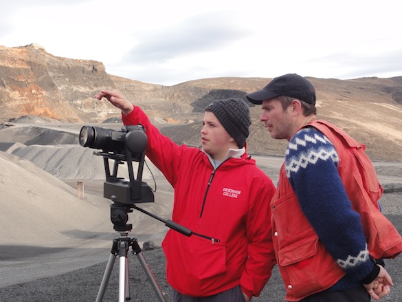 Aleks ('14, Dickinson) and Ben (Dickinson) set up the GigaPan to take a panoramic image of the quarry.