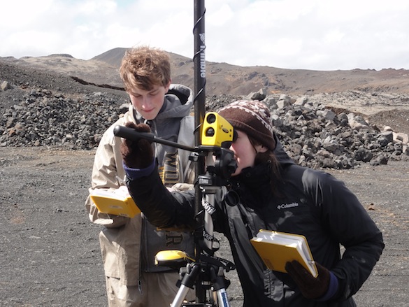 Our plan is to couple the high-resolution GigaPan images with elevation information from the laser range finger. Here, Michael ('16, Wooster) and Ellie ('14, Dickinson) are recording the elevations of contacts along the quarry walls.
