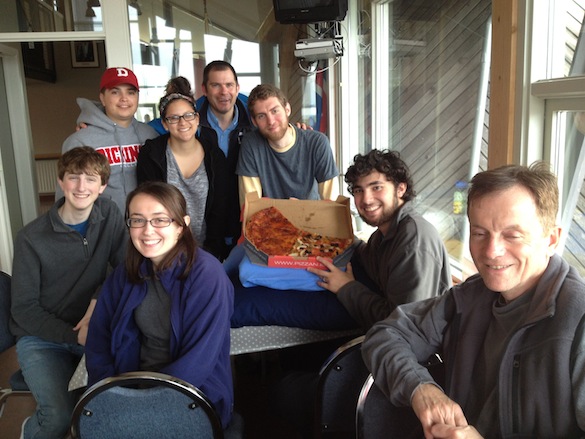 Team Iceland and their "Pizza on the Pillows" in the dry hostel dining room. Pictured from left to right: Michael ('16, Wooster); Aleks ('14, Dickinson); Ellie ('14, Dickinson); Liz ('16, Dickinson); Dr. Ben Edwards; Alex ('14, Wooster); Adam ('16, Wooster); Jim Ciarrocca (GIS, Dickinson).