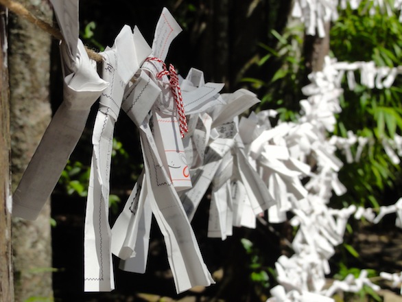 Visitors could also pay to draw a paper fortune, or omikuji, from a box. The papers were tied to a wire fence near the shrine entrance. I was told that leaving the fortune at the shrine would turn bad fortunes into good fortunes.