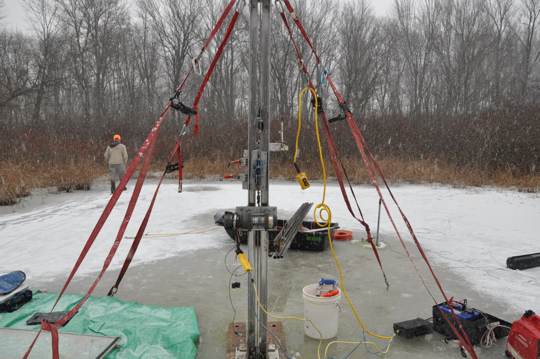 A look at the drilling rig - anchored in the ice, tied down with ice screws.