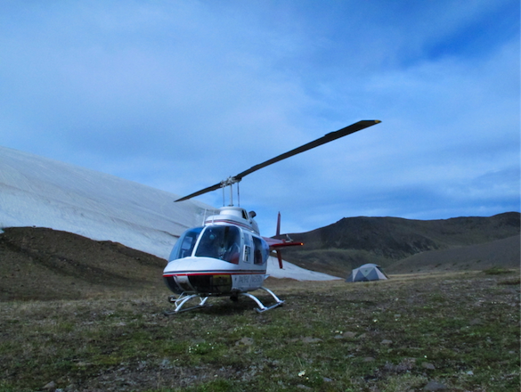 Photo credit to Mary R; The provincial park where we camped (located near Pillow Ridge) allows no vehicle access, which makes traveling by air critical. Note basecamp in the background. 