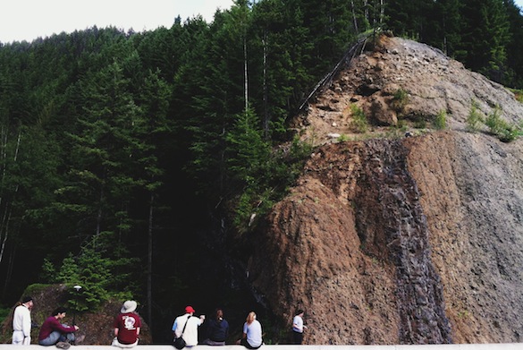 The team observing a dyke at Second Canyon, Wells Gray Provincial Park, BC. 