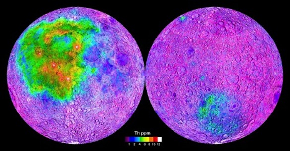 Elemental map of the Moon showing high levels of Thorium in areas of Apollo and Luna landings.  Photo from:  https://upload.wikimedia.org/wikipedia/commons/9/93/Lunar_Thorium_concentrations.jpg  