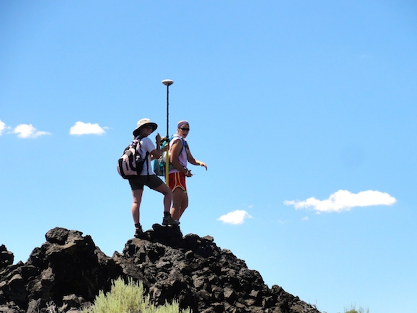Chloe Wallace and Julia Franceschi use the Trimble GPS to make cm-scale measurements of the topography.