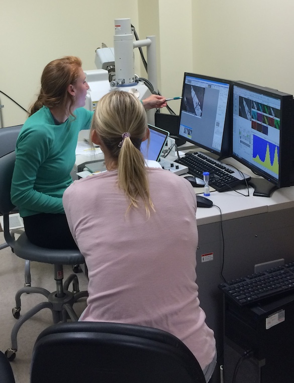 Elizabeth Johnston (USD graduate student) and Dr. Beth O'Shea (USD) are examining mineral compositions using an SEM-EDS.