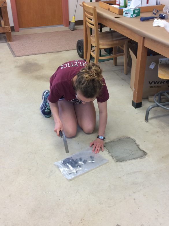 Cara Lembo ('17, Amherst College) is hammering her rocks into smaller pieces, preparing them for the shatterbox.