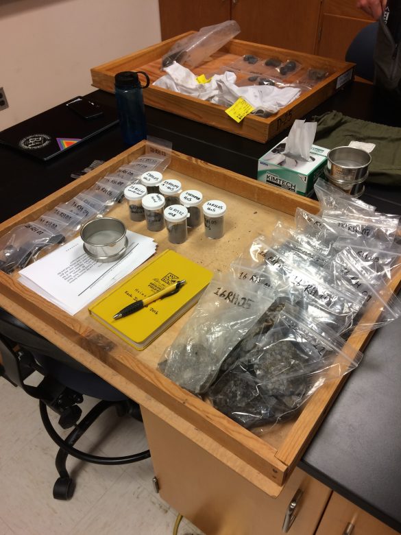 Every student has a project box in which they're keeping all of their materials. Rachel's is organized with thin section billets on the left, powders in the middle, and pieces to archive on the right.